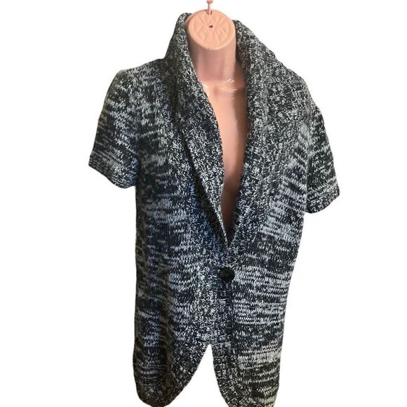 ANN TAYLOR Women’s Large Black & White Short Sleeve Long Shrug Cardigan Sweater - Picture 1 of 9